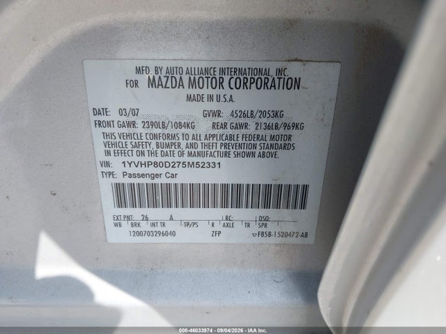 Aukcja sprzedaży 2007 Mazda Mazda6 S Touring, vin: 1YVHP80D275M52331, numer aukcji: 46033974