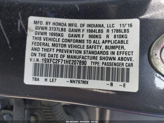 Aukcja sprzedaży 2017 Honda Civic Ex, vin: 19XFC2F71HE207890, numer aukcji: 46033980