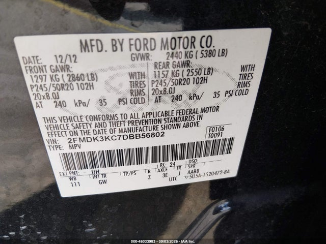 Продажа на аукционе авто 2013 Ford Edge Limited, vin: 2FMDK3KC7DBB56802, номер лота: 46033983