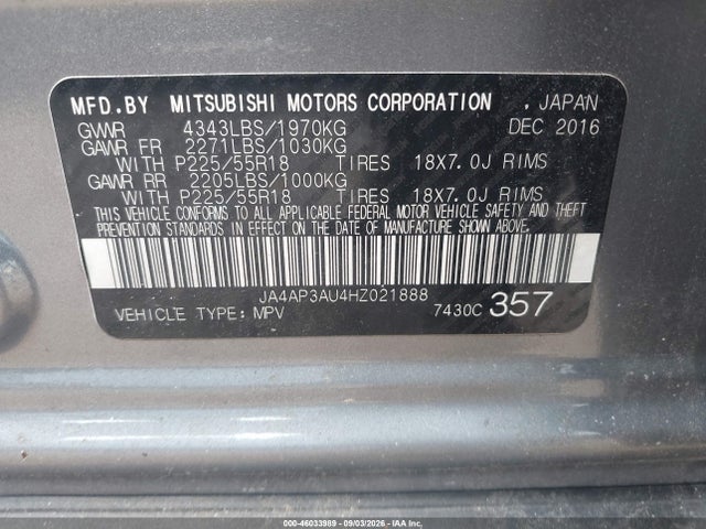 2017 Mitsubishi Outlander Sport 2.0 Es/2.0 Le მანქანა იყიდება აუქციონზე, vin: JA4AP3AU4HZ021888, აუქციონის ნომერი: 46033989