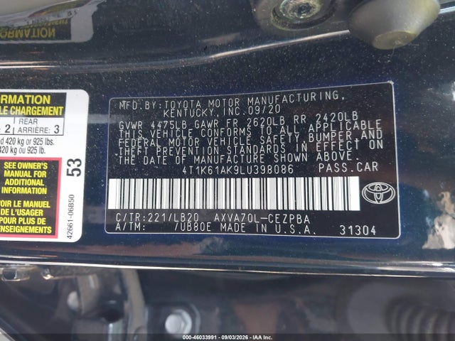 Aukcja sprzedaży 2020 Toyota Camry Xse, vin: 4T1K61AK9LU398086, numer aukcji: 46033991