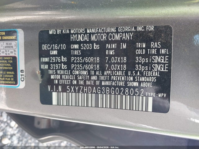 Продажа на аукционе авто 2011 Hyundai Santa Fe Se, vin: 5XYZHDAG3BG028052, номер лота: 46033996