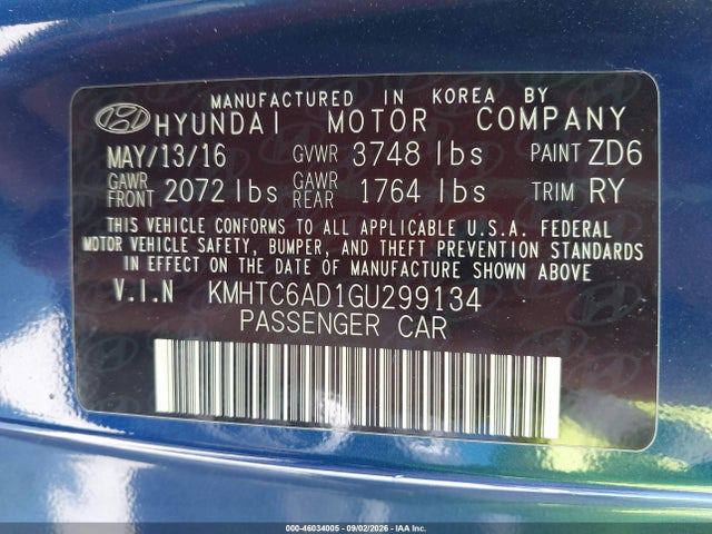46034005 :رقم المزاد ، KMHTC6AD1GU299134 vin ، 2016 Hyundai Veloster مزاد بيع