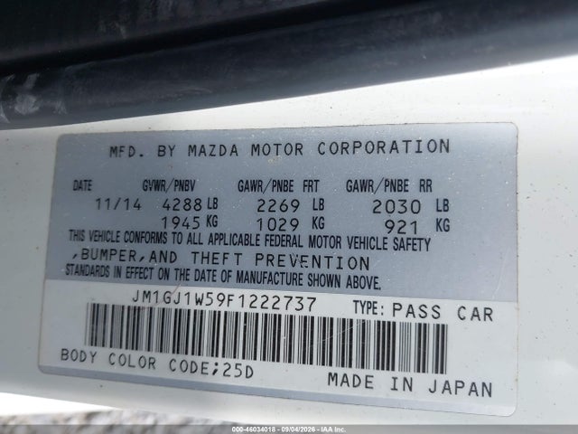 46034018 :رقم المزاد ، JM1GJ1W59F1222737 vin ، 2015 Mazda Mazda6 I Grand Touring مزاد بيع