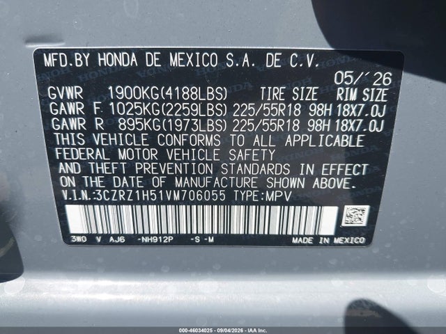 2027 Honda Hr-v Sport 2wd მანქანა იყიდება აუქციონზე, vin: 3CZRZ1H51VM706055, აუქციონის ნომერი: 46034025