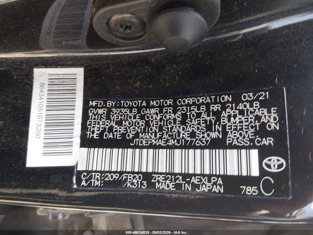 46034028 :رقم المزاد ، JTDEPMAE4MJ177637 vin ، 2021 Toyota Corolla Le مزاد بيع