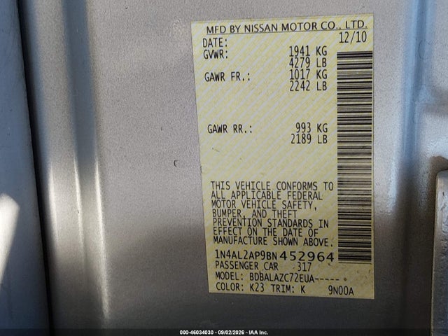 46034030 :رقم المزاد ، 1N4AL2AP9BN452964 vin ، 2011 Nissan Altima 2.5 مزاد بيع