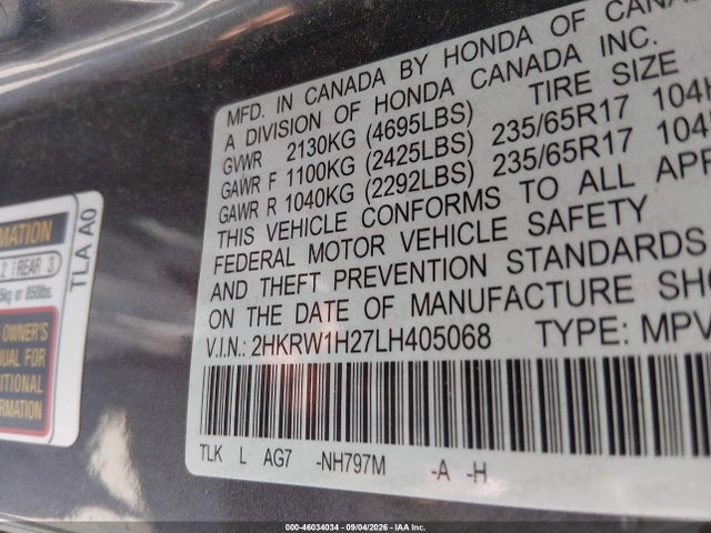 46034034 :رقم المزاد ، 2HKRW1H27LH405068 vin ، 2020 Honda Cr-v 2wd Lx مزاد بيع