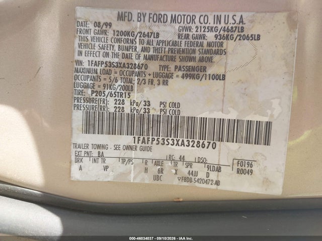 Aukcja sprzedaży 1999 Ford Taurus Se/se-ne, vin: 1FAFP53S3XA328670, numer aukcji: 46034037