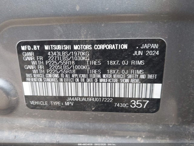 Aukcja sprzedaży 2024 Mitsubishi Outlander Sport 2.0 Es Awc/2.0 Le Awc/2.0 Ralliart Awc/2.0 S Awc/2.0 Se Awc/2.0 Trail Edition Awc, vin: JA4ARUAU9RU017222, numer aukcji: 46034039