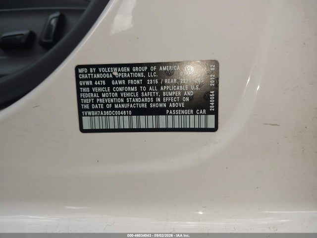 2013 Volkswagen Passat 2.5l Se მანქანა იყიდება აუქციონზე, vin: 1VWBH7A36DC004610, აუქციონის ნომერი: 46034043