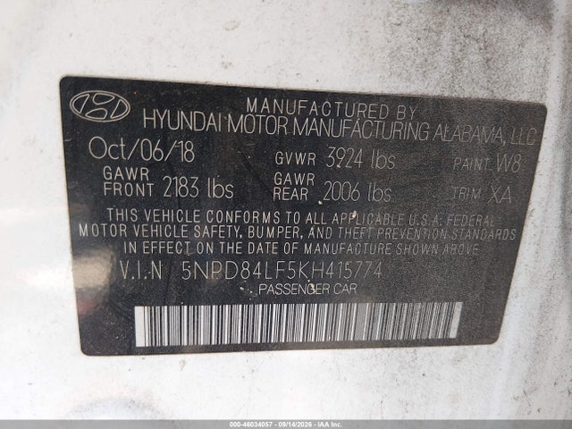 Продаж на аукціоні авто 2019 Hyundai Elantra Sel, vin: 5NPD84LF5KH415774, номер лоту: 46034057