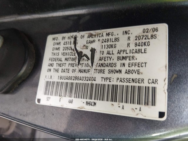Aukcja sprzedaży 2006 Acura Tl, vin: 19UUA66286A032404, numer aukcji: 46034075