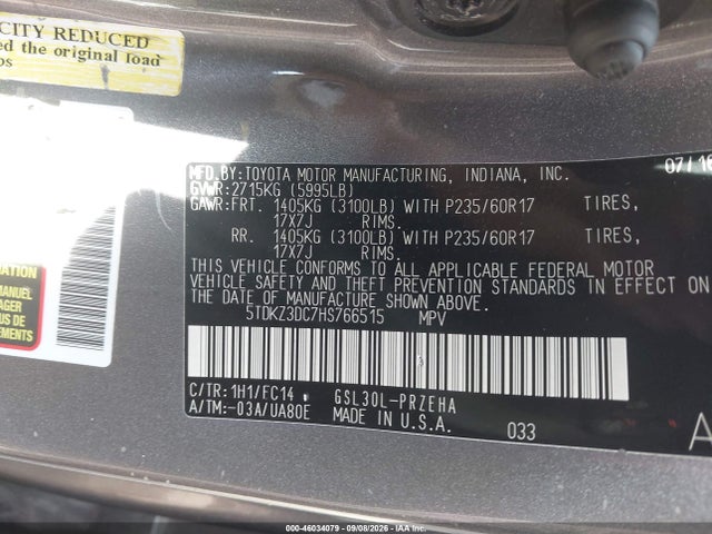 46034079 :رقم المزاد ، 5TDKZ3DC7HS766515 vin ، 2017 Toyota Sienna Le 8 Passenger مزاد بيع