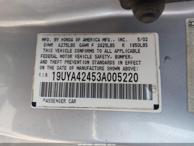 2003 Acura Cl 3.2 მანქანა იყიდება აუქციონზე, vin: 19UYA42453A005220, აუქციონის ნომერი: 46034080