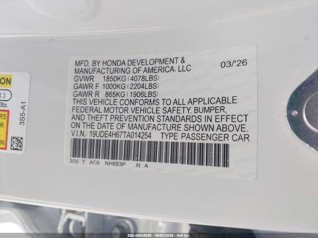 46034098 :رقم المزاد ، 19UDE4H67TA014254 vin ، 2026 Acura Integra Fwd A-spec With Technology مزاد بيع