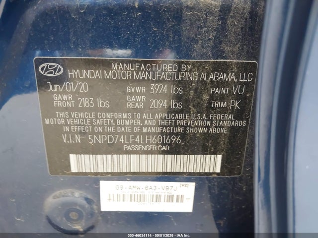 2020 Hyundai Elantra Se მანქანა იყიდება აუქციონზე, vin: 5NPD74LF4LH601696, აუქციონის ნომერი: 46034114