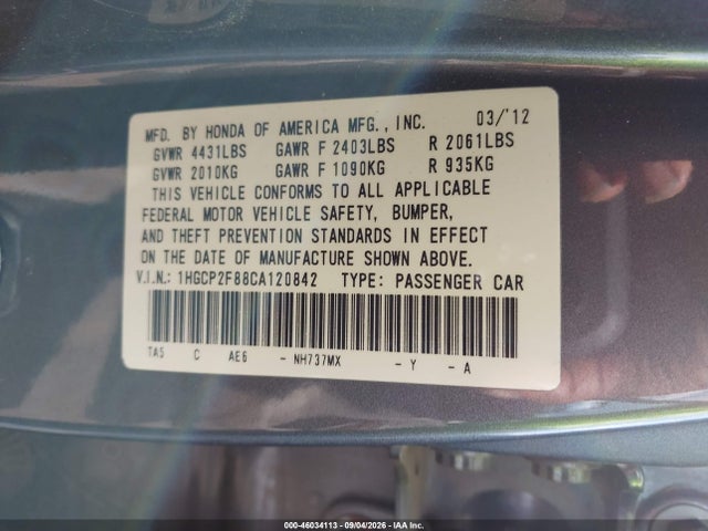 Продаж на аукціоні авто 2012 Honda Accord 2.4 Ex-l, vin: 1HGCP2F88CA120842, номер лоту: 46034113