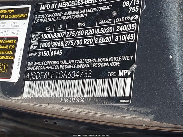 46034117 :رقم المزاد ، 4JGDF6EE1GA634733 vin ، 2016 Mercedes-benz Gl 450 4matic مزاد بيع