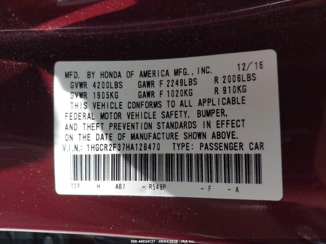 Продажа на аукционе авто 2017 Honda Accord Lx, vin: 1HGCR2F37HA128470, номер лота: 46034127