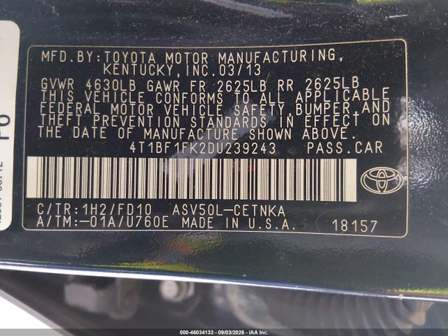 46034133 :رقم المزاد ، 4T1BF1FK2DU239243 vin ، 2013 Toyota Camry Le مزاد بيع