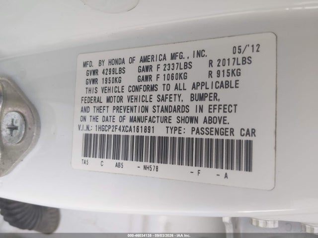 Aukcja sprzedaży 2012 Honda Accord 2.4 Lx-p, vin: 1HGCP2F4XCA161891, numer aukcji: 46034135
