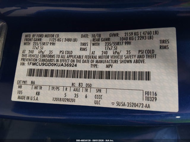 Продаж на аукціоні авто 2019 Ford Escape Se, vin: 1FMCU9GD0KUA36924, номер лоту: 46034139