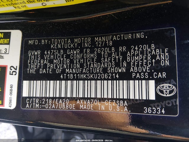 2019 Toyota Camry Se მანქანა იყიდება აუქციონზე, vin: 4T1B11HK5KU206214, აუქციონის ნომერი: 46034150