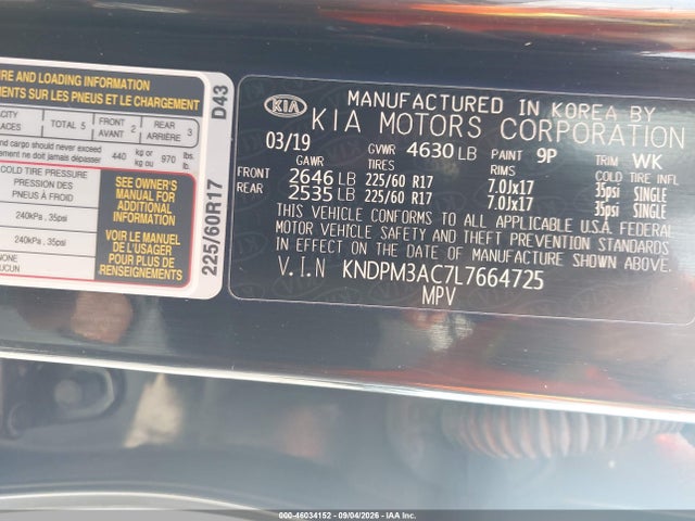 2020 Kia Sportage Lx მანქანა იყიდება აუქციონზე, vin: KNDPM3AC7L7664725, აუქციონის ნომერი: 46034152
