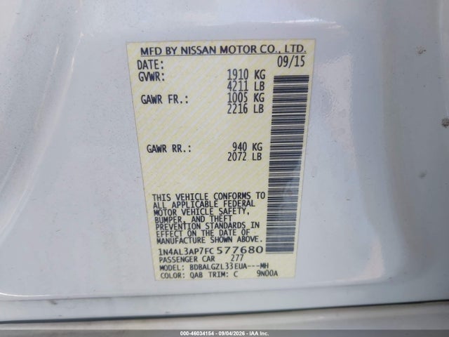 Nissan Altima 2.5 S 2015 1N4AL3AP7FC577680 Image 9