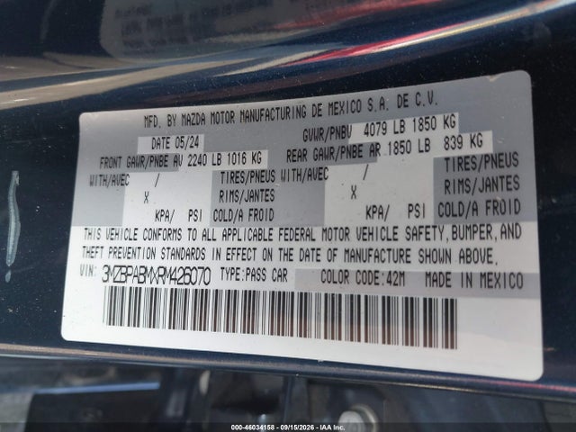 Aukcja sprzedaży 2024 Mazda Mazda3 2.5 S Select Sport, vin: 3MZBPABMXRM426070, numer aukcji: 46034158