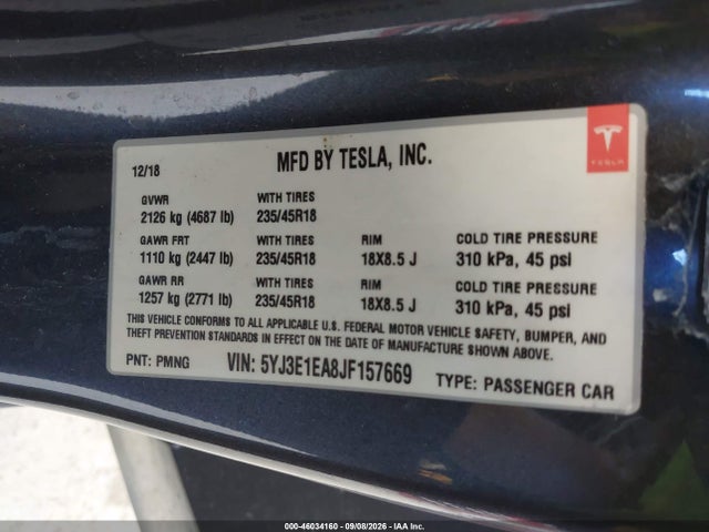 Продажа на аукционе авто 2018 Tesla Model 3 Long Range/mid Range, vin: 5YJ3E1EA8JF157669, номер лота: 46034160