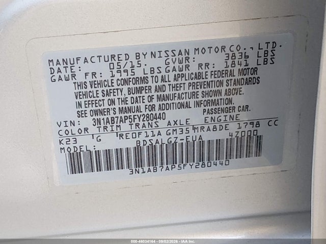 2015 Nissan Sentra Sl მანქანა იყიდება აუქციონზე, vin: 3N1AB7AP5FY280440, აუქციონის ნომერი: 46034164