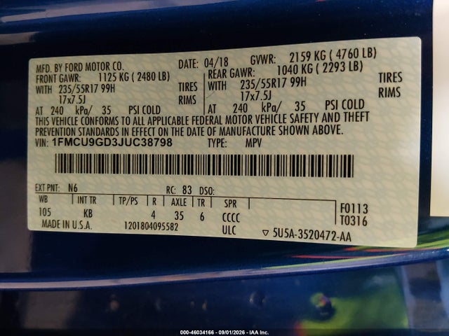 46034166 :رقم المزاد ، 1FMCU9GD3JUC38798 vin ، 2018 Ford Escape Se مزاد بيع