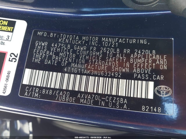 46034173 :رقم المزاد ، 4T1G11AK3NU633492 vin ، 2022 Toyota Camry Se مزاد بيع