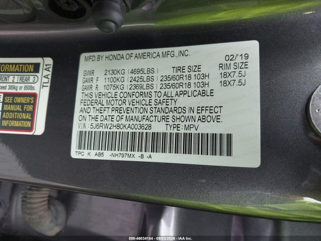 Продажа на аукционе авто 2019 Honda Cr-v Ex-l, vin: 5J6RW2H80KA003628, номер лота: 46034184