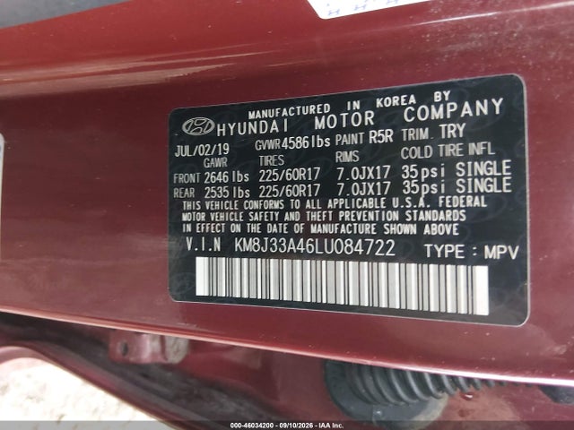 Aukcja sprzedaży 2020 Hyundai Tucson Value, vin: KM8J33A46LU084722, numer aukcji: 46034200