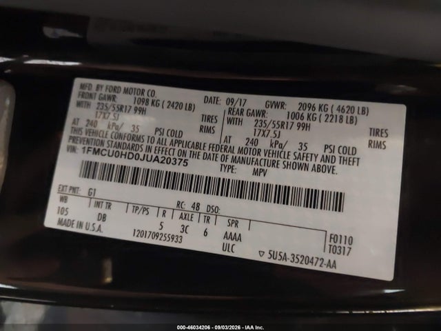 46034206 :رقم المزاد ، 1FMCU0HD0JUA20375 vin ، 2018 Ford Escape Sel مزاد بيع