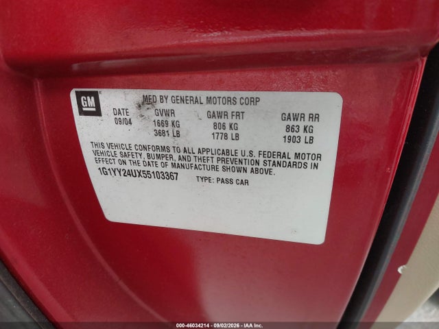 2005 Chevrolet Corvette მანქანა იყიდება აუქციონზე, vin: 1G1YY24UX55103367, აუქციონის ნომერი: 46034214
