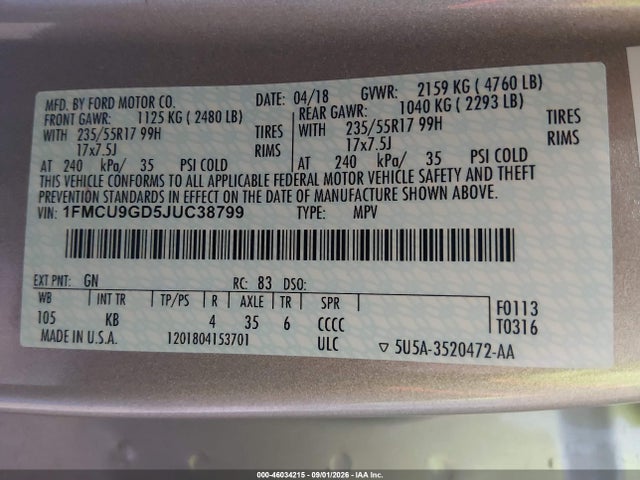 Продаж на аукціоні авто 2018 Ford Escape Se, vin: 1FMCU9GD5JUC38799, номер лоту: 46034215
