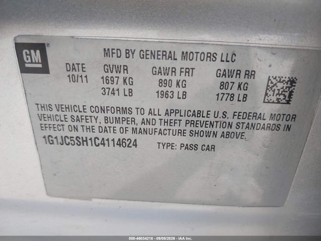Aukcja sprzedaży 2012 Chevrolet Sonic 2lt, vin: 1G1JC5SH1C4114624, numer aukcji: 46034218