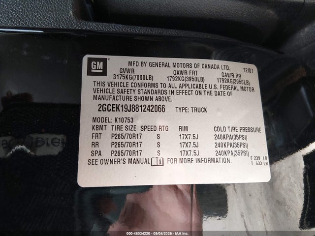 Aukcja sprzedaży 2008 Chevrolet Silverado 1500 Lt1, vin: 2GCEK19J881242066, numer aukcji: 46034220