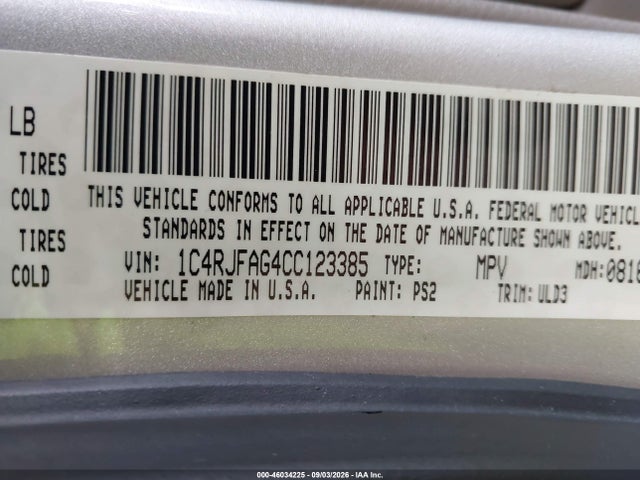 2012 Jeep Grand Cherokee Laredo მანქანა იყიდება აუქციონზე, vin: 1C4RJFAG4CC123385, აუქციონის ნომერი: 46034225