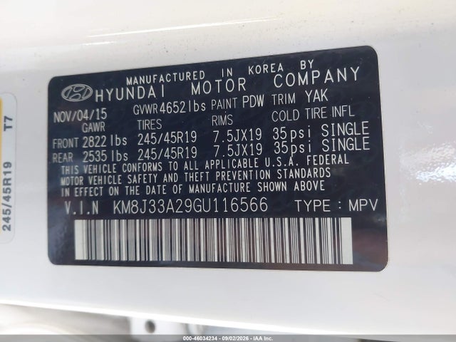 46034234 :رقم المزاد ، KM8J33A29GU116566 vin ، 2016 Hyundai Tucson Limited مزاد بيع