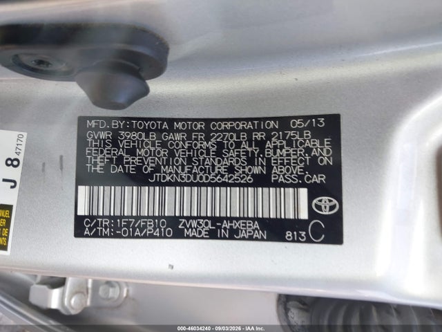 Auction sale of the 2013 Toyota Prius Two, vin: JTDKN3DU0D5642526, lot number: 46034240