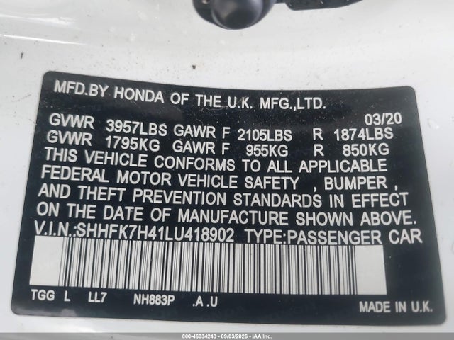 Aukcja sprzedaży 2020 Honda Civic Sport, vin: SHHFK7H41LU418902, numer aukcji: 46034243