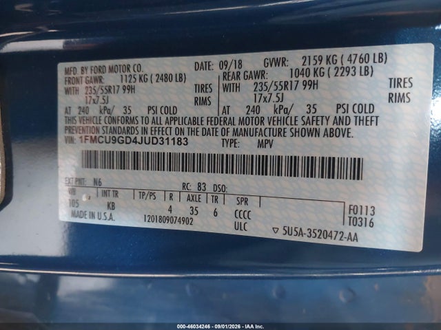 Продаж на аукціоні авто 2018 Ford Escape Se, vin: 1FMCU9GD4JUD31183, номер лоту: 46034246