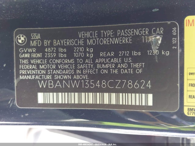 46034247 :رقم المزاد ، WBANW13548CZ78624 vin ، 2008 Bmw 535i مزاد بيع