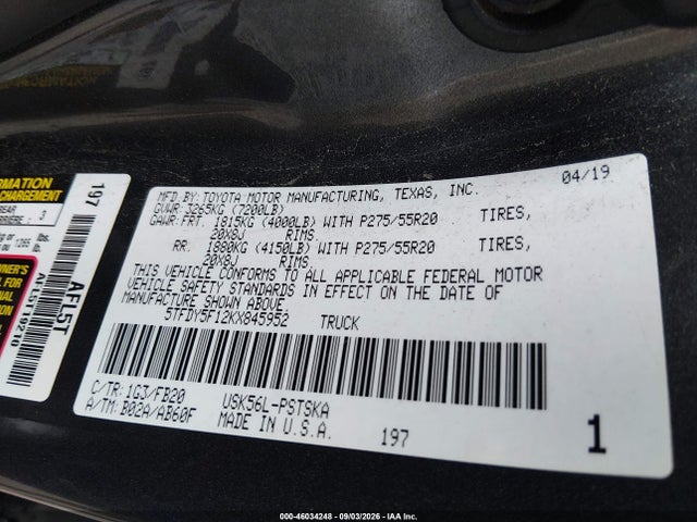Продажа на аукционе авто 2019 Toyota Tundra Sr5 5.7l V8, vin: 5TFDY5F12KX845952, номер лота: 46034248