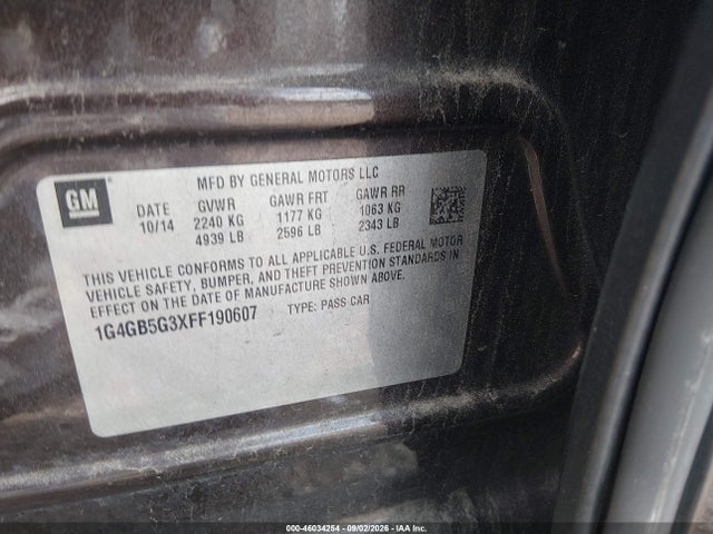 2015 Buick Lacrosse Leather მანქანა იყიდება აუქციონზე, vin: 1G4GB5G3XFF190607, აუქციონის ნომერი: 46034254